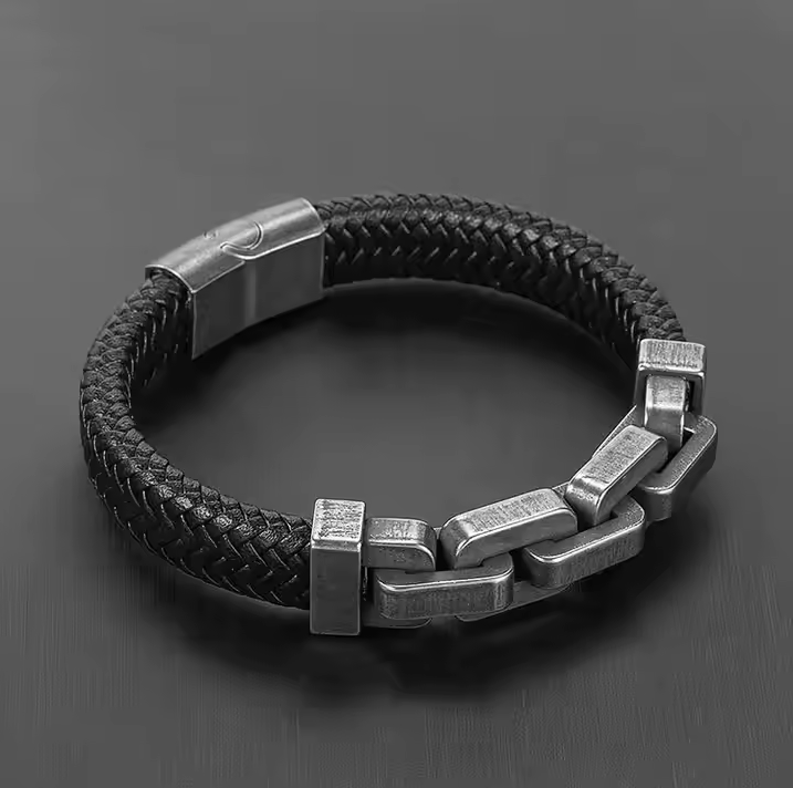 Wholesale Stainless Steel Large Link Male Vintage Men's Accessories Braided Leather Bracelet
