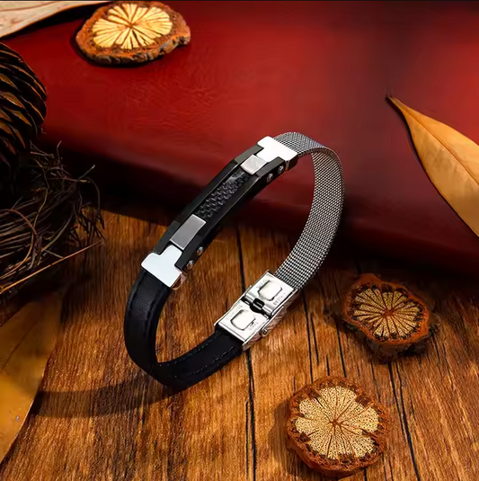 New Arrival Fashion Design Carbon Fiber Stainless Steel Mesh Black Leather Men Bracelet